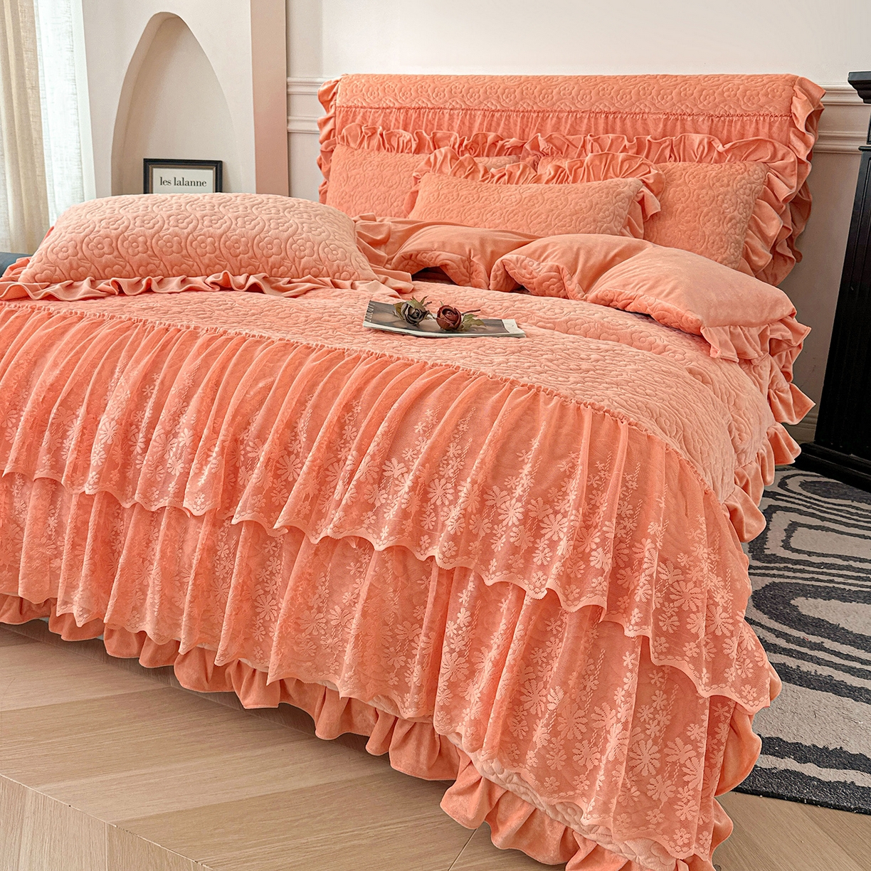 91家纺网 家纺一手货源 找家纺 （总）情恒家纺 2025新款宝宝绒夹棉床裙三四五件套-玫瑰盛典