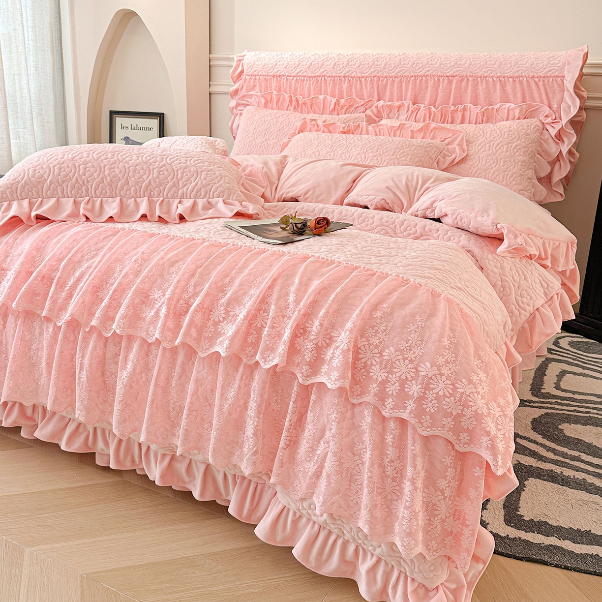 情恒家纺 2025新款宝宝绒夹棉床裙三四五件套-玫瑰盛典 玫瑰盛典 香妃粉