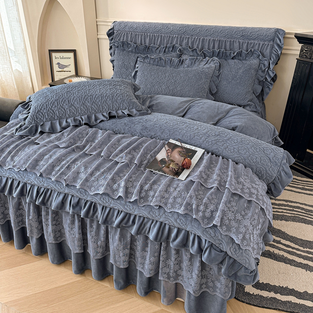 情恒家纺 2025新款宝宝绒夹棉床裙三四五件套-玫瑰盛典 玫瑰盛典 静夜灰