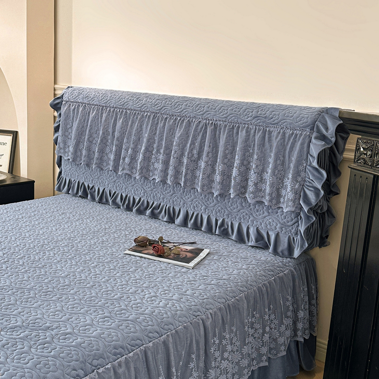 91家纺网 家纺一手货源 找家纺 情恒家纺 2025新款宝宝绒夹棉床裙三四五件套-玫瑰盛典 玫瑰盛典 静夜灰