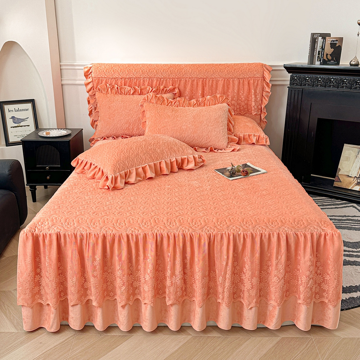 91家纺网 家纺一手货源 找家纺 情恒家纺 2025新款宝宝绒夹棉床裙三四五件套-玫瑰盛典 玫瑰盛典 明媚橙