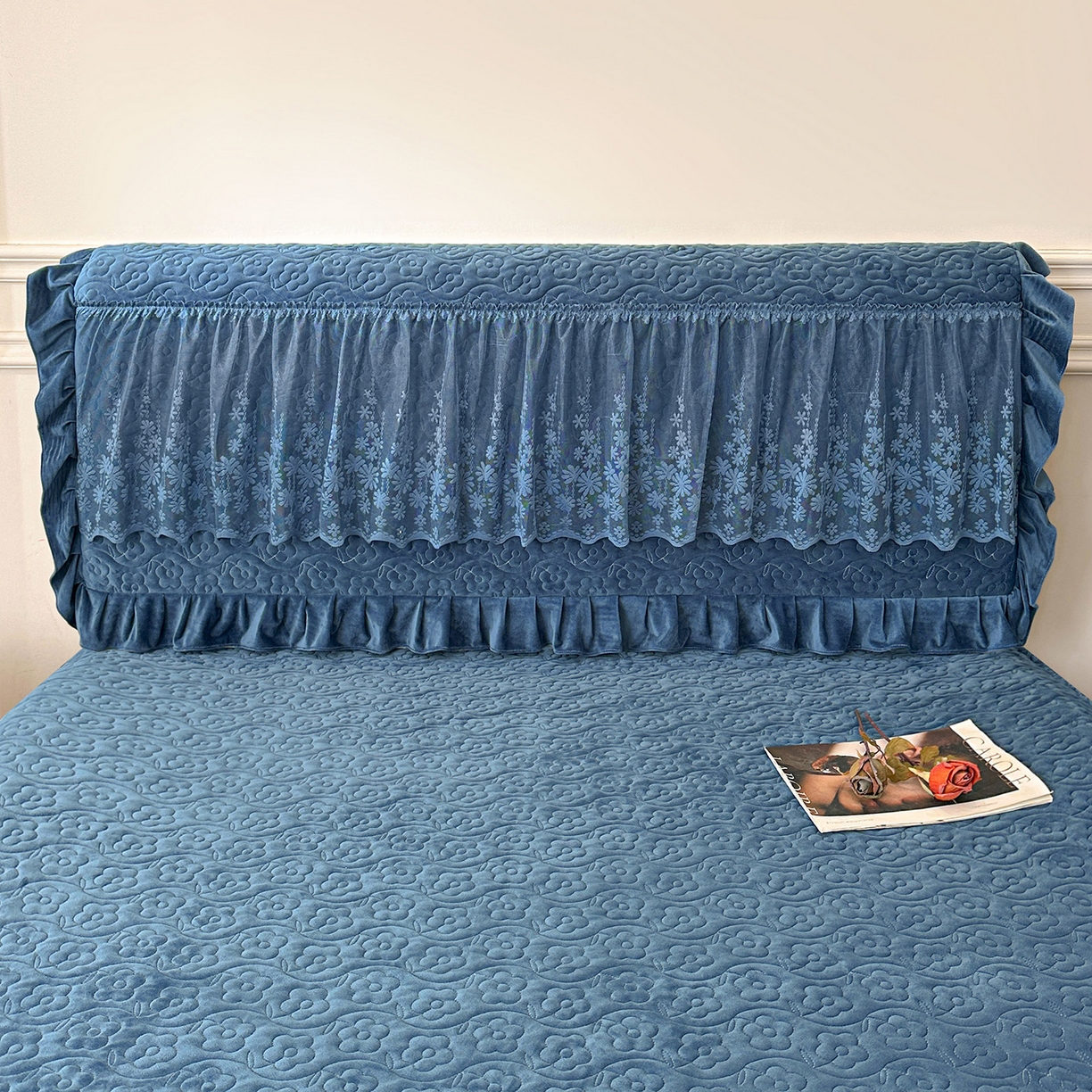 91家纺网 家纺一手货源 找家纺 情恒家纺 2025新款宝宝绒夹棉床裙三四五件套-玫瑰盛典 玫瑰盛典 深海蓝