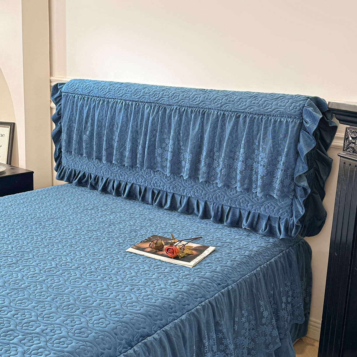 91家纺网 家纺一手货源 找家纺 情恒家纺 2025新款宝宝绒夹棉床裙三四五件套-玫瑰盛典 玫瑰盛典 深海蓝