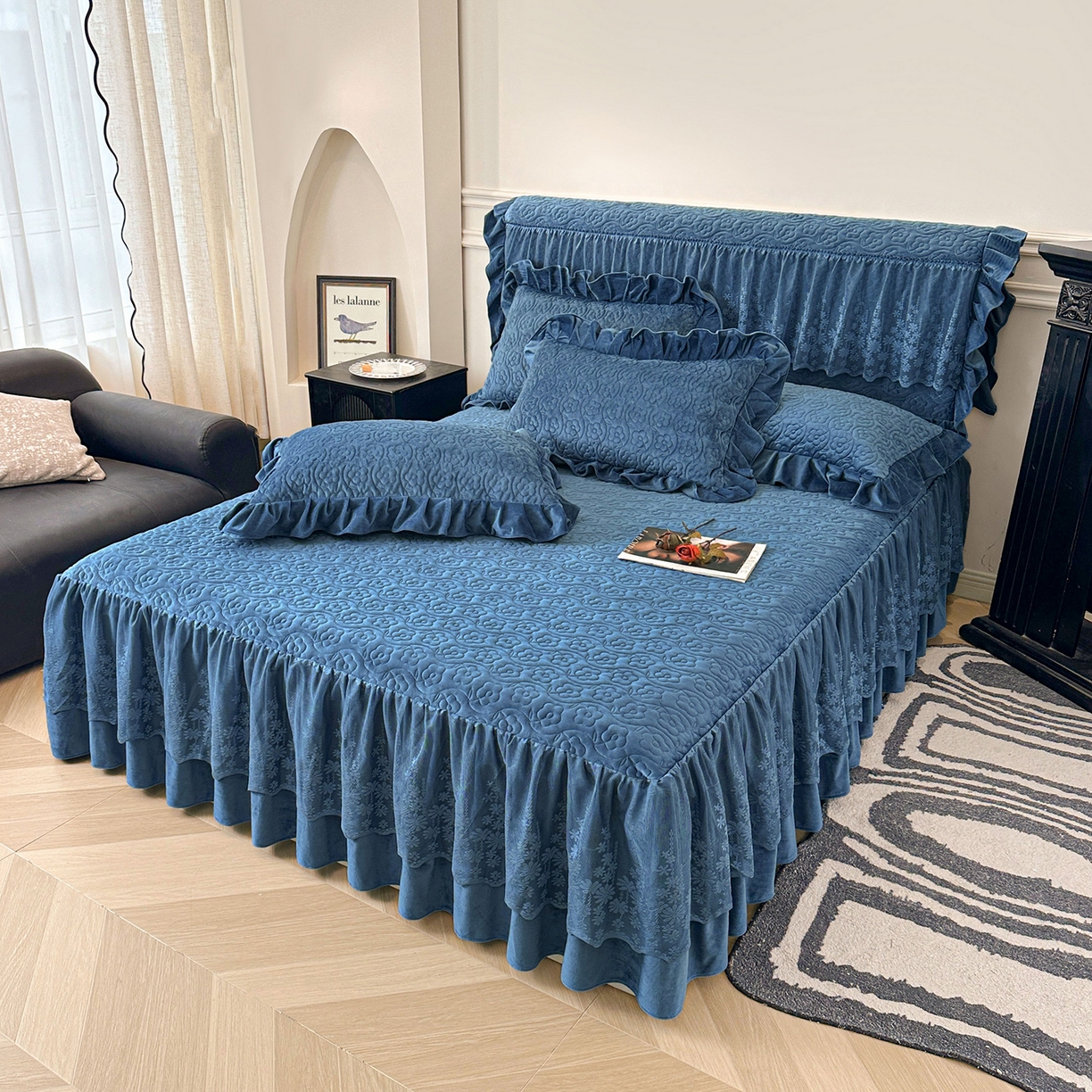 91家纺网 家纺一手货源 找家纺 情恒家纺 2025新款宝宝绒夹棉床裙三四五件套-玫瑰盛典 玫瑰盛典 深海蓝