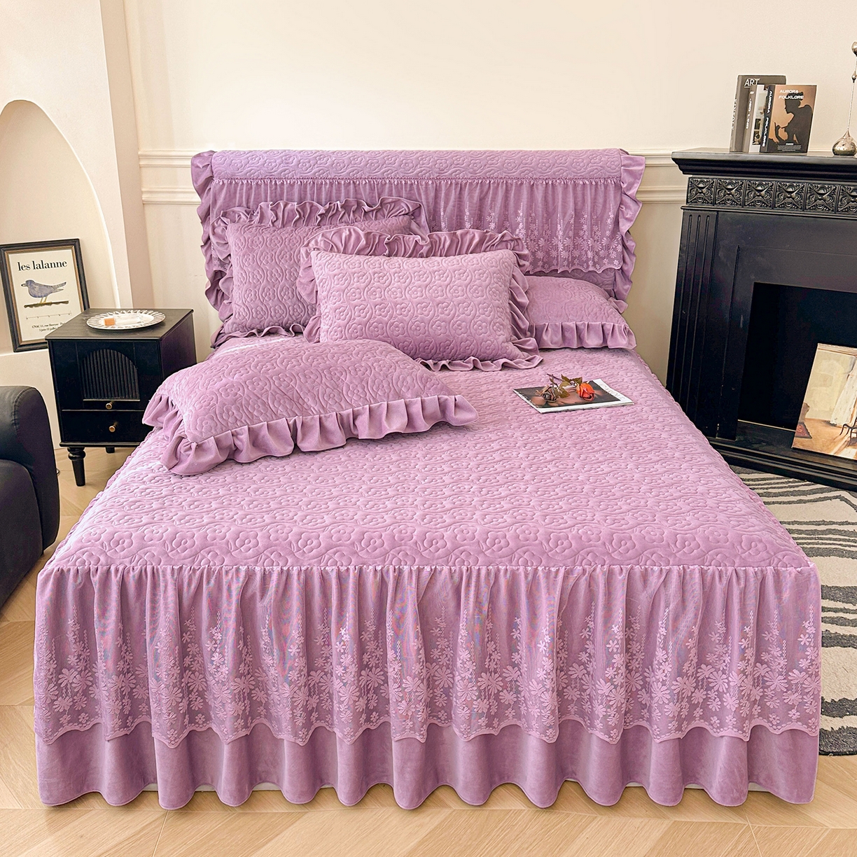 91家纺网 家纺一手货源 找家纺 情恒家纺 2025新款宝宝绒夹棉床裙三四五件套-玫瑰盛典 玫瑰盛典 优雅紫