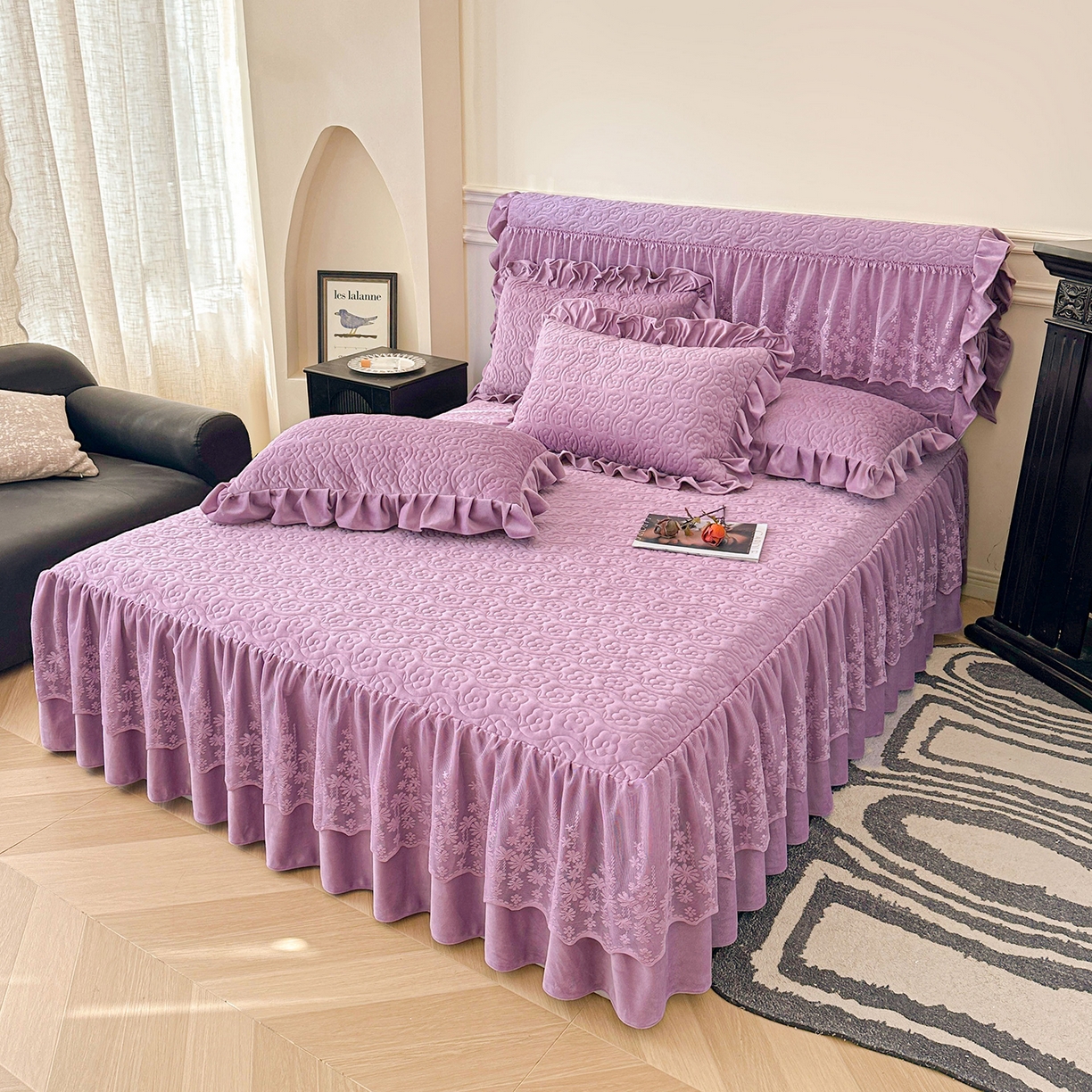 91家纺网 家纺一手货源 找家纺 情恒家纺 2025新款宝宝绒夹棉床裙三四五件套-玫瑰盛典 玫瑰盛典 优雅紫