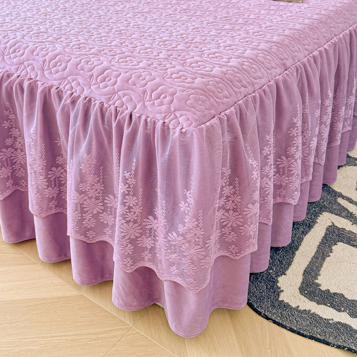 91家纺网 家纺一手货源 找家纺 情恒家纺 2025新款宝宝绒夹棉床裙三四五件套-玫瑰盛典 玫瑰盛典 优雅紫