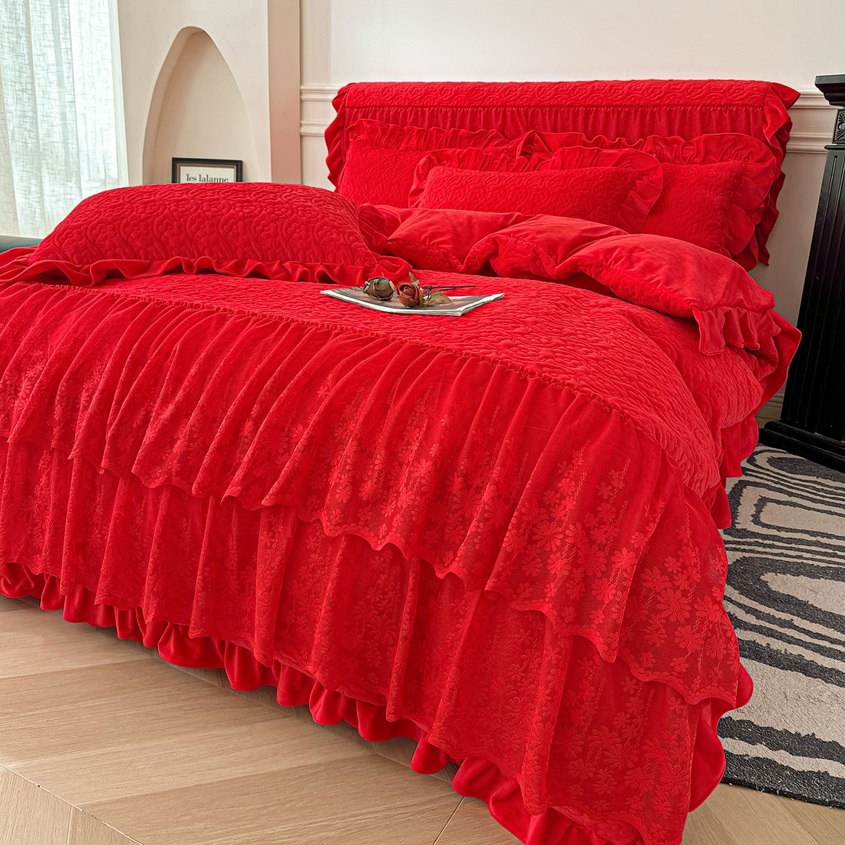 情恒家纺 2025新款宝宝绒夹棉床裙三四五件套-玫瑰盛典 玫瑰盛典 中国红