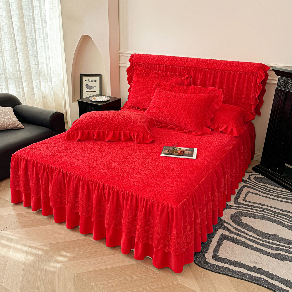 91家纺网 家纺一手货源 找家纺 情恒家纺 2025新款宝宝绒夹棉床裙三四五件套-玫瑰盛典 玫瑰盛典 中国红