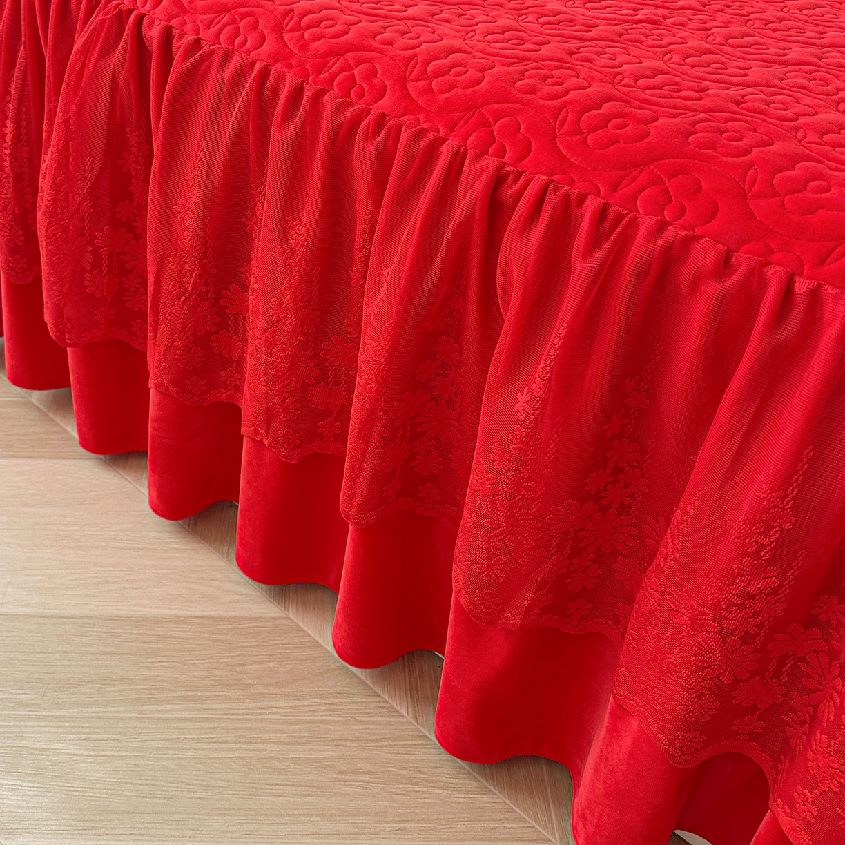 91家纺网 家纺一手货源 找家纺 情恒家纺 2025新款宝宝绒夹棉床裙三四五件套-玫瑰盛典 玫瑰盛典 中国红