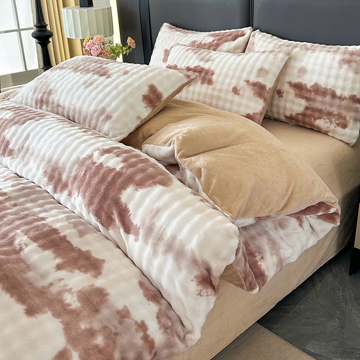 梵克保罗 2025秋冬新款炫彩水墨画仿兔毛绒大泡泡绒印花大理石纹渐变高克重四件套 炫彩咖