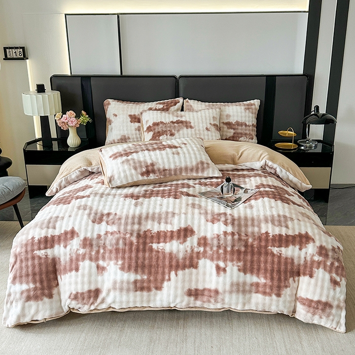 91家纺网 家纺一手货源 找家纺 梵克保罗 2025秋冬新款炫彩水墨画仿兔毛绒大泡泡绒印花大理石纹渐变高克重四件套 炫彩咖