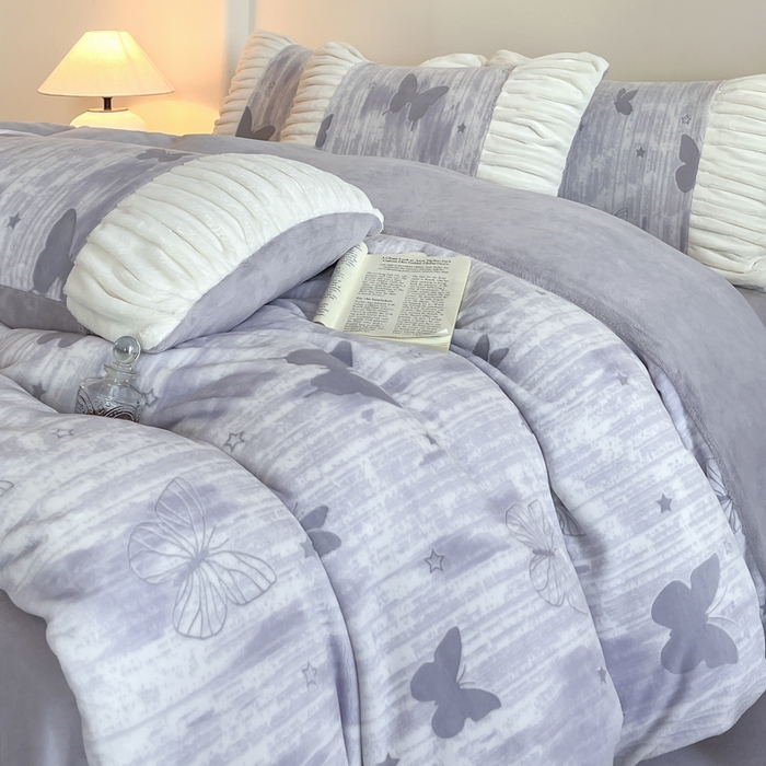 子曰 2025新款浮雕轻法式复古ins小清新风雕花牛奶绒四件套 醉蝴蝶-灰