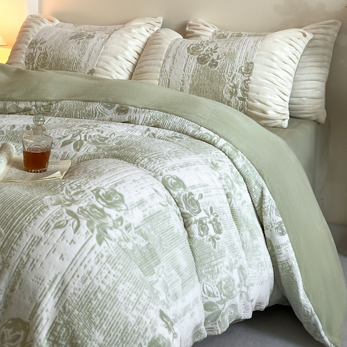 91家纺网 家纺一手货源 找家纺 子曰 2025新款浮雕轻法式复古ins小清新风雕花牛奶绒四件套 水墨画-绿