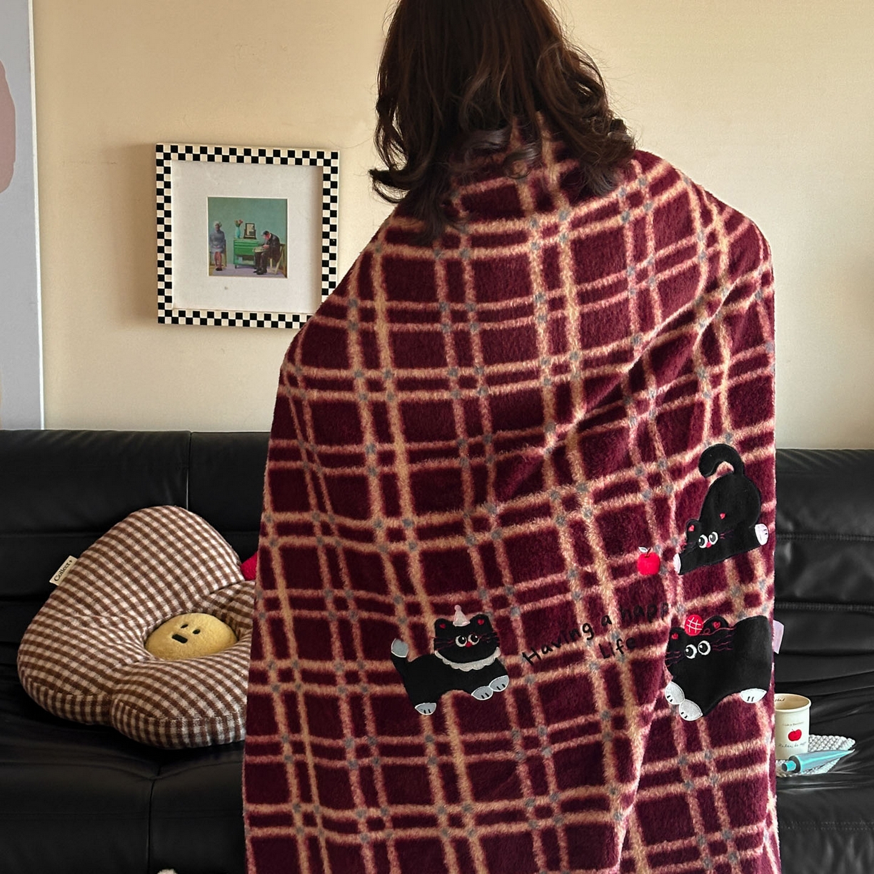 91家纺网 家纺一手货源 找家纺 宇航家纺 2025新款美拉德色系仿羊毛绒牛奶绒毛毯盖毯办公毯 盖毯-三只小猫