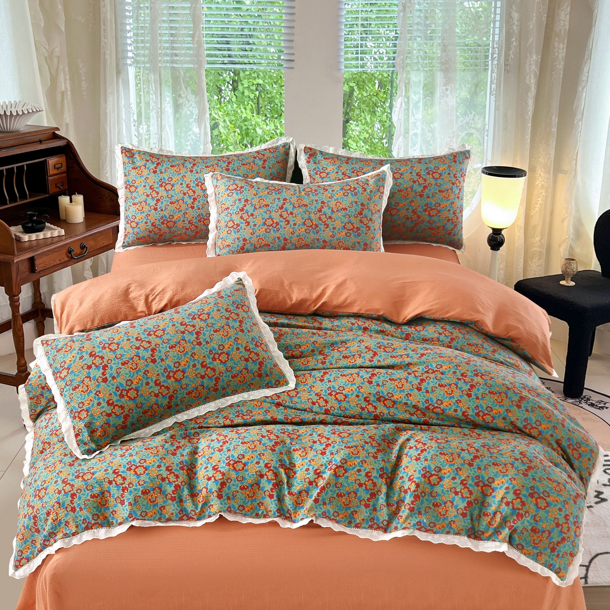 91家纺网 家纺一手货源 找家纺 2025新款云感木棉皱皱双层纱全棉花边四件套 繁花