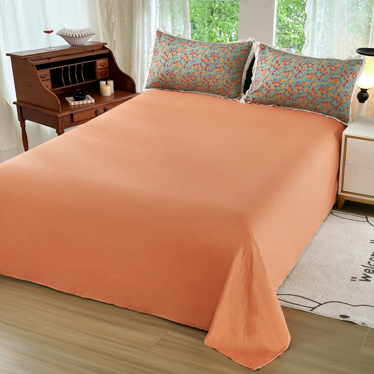 91家纺网 家纺一手货源 找家纺 2025新款云感木棉皱皱双层纱全棉花边四件套 繁花