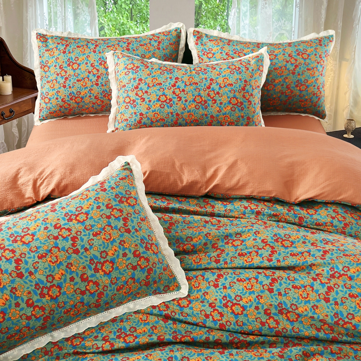 91家纺网 家纺一手货源 找家纺 2025新款云感木棉皱皱双层纱全棉花边四件套 繁花