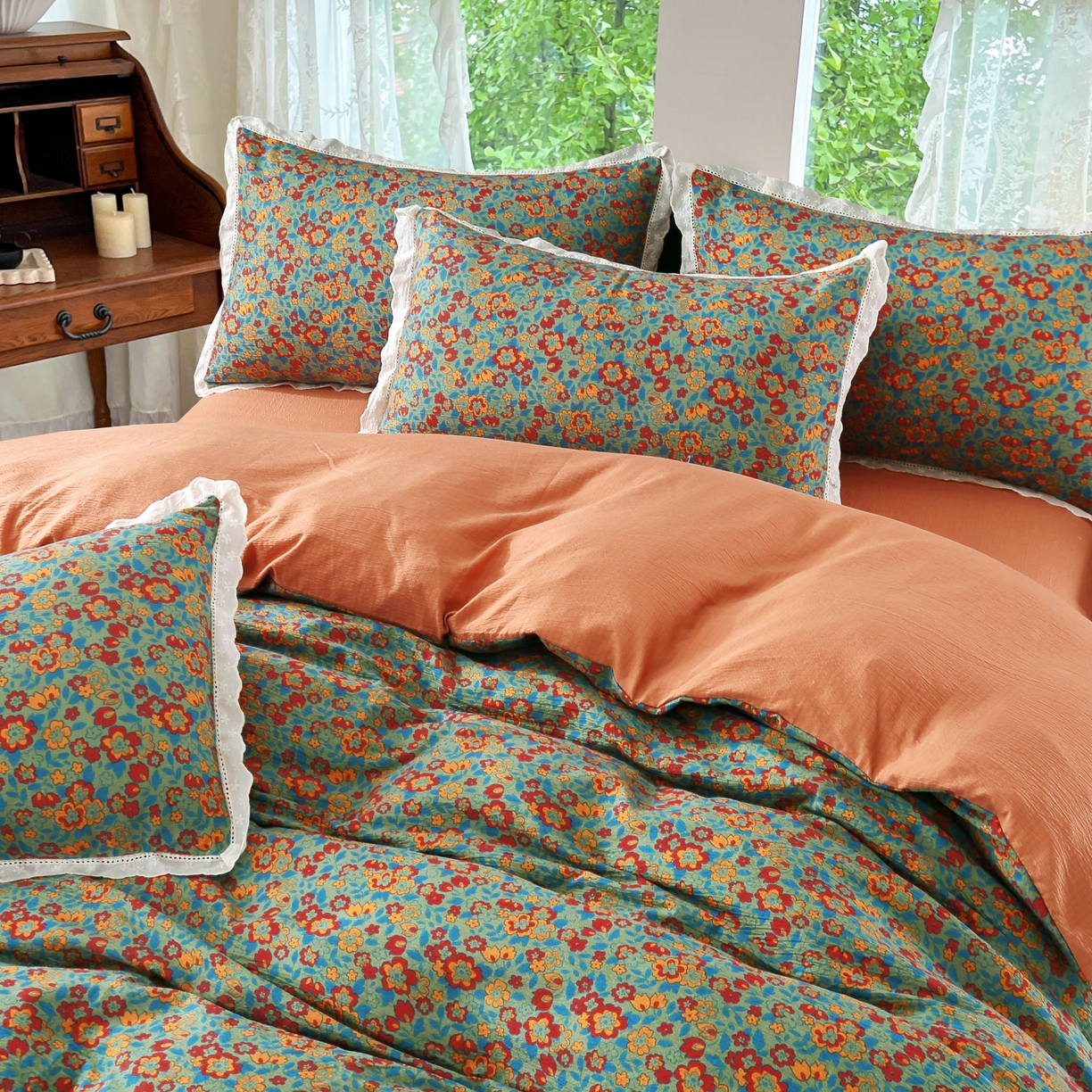 2025新款云感木棉皱皱双层纱全棉花边四件套 繁花