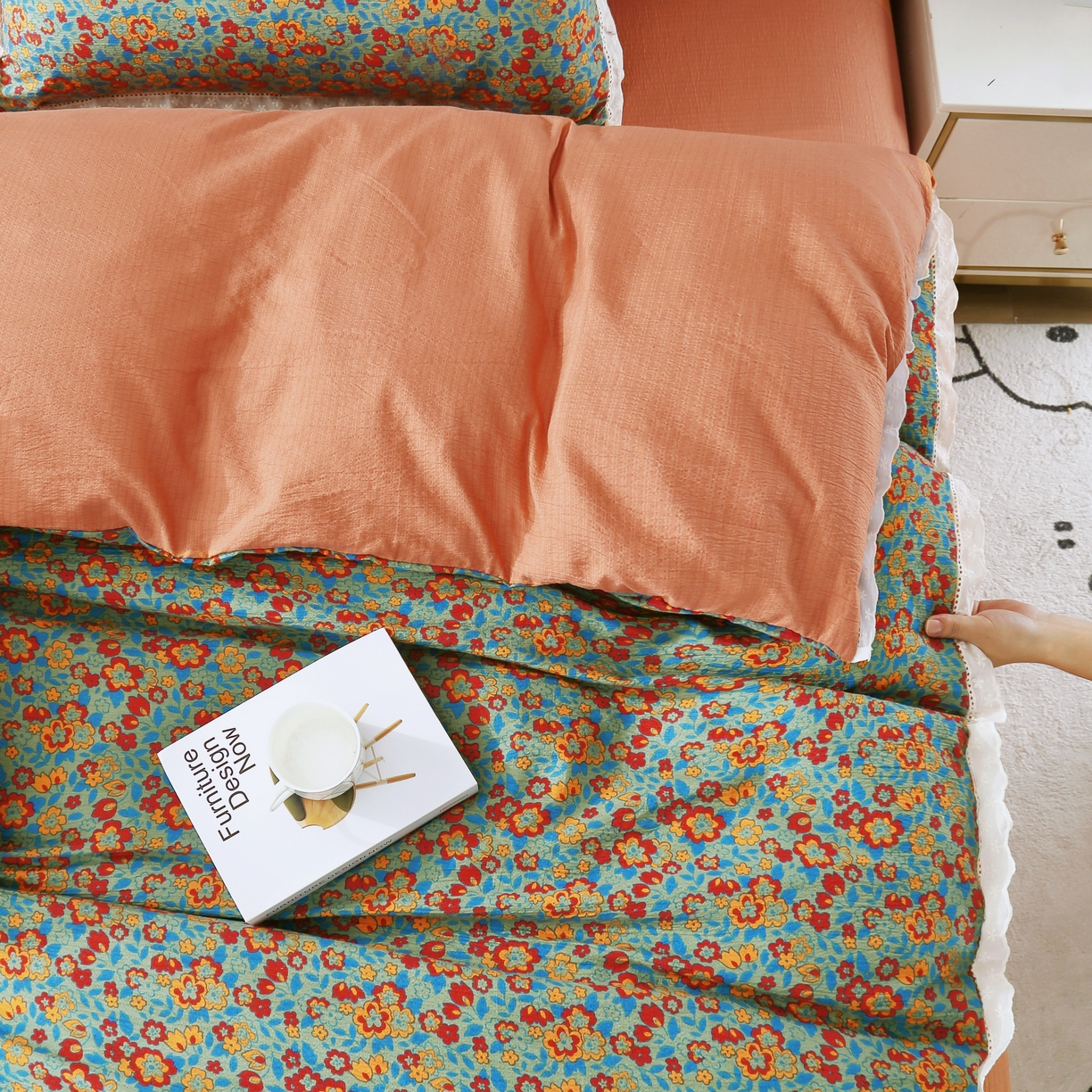 91家纺网 家纺一手货源 找家纺 2025新款云感木棉皱皱双层纱全棉花边四件套 繁花