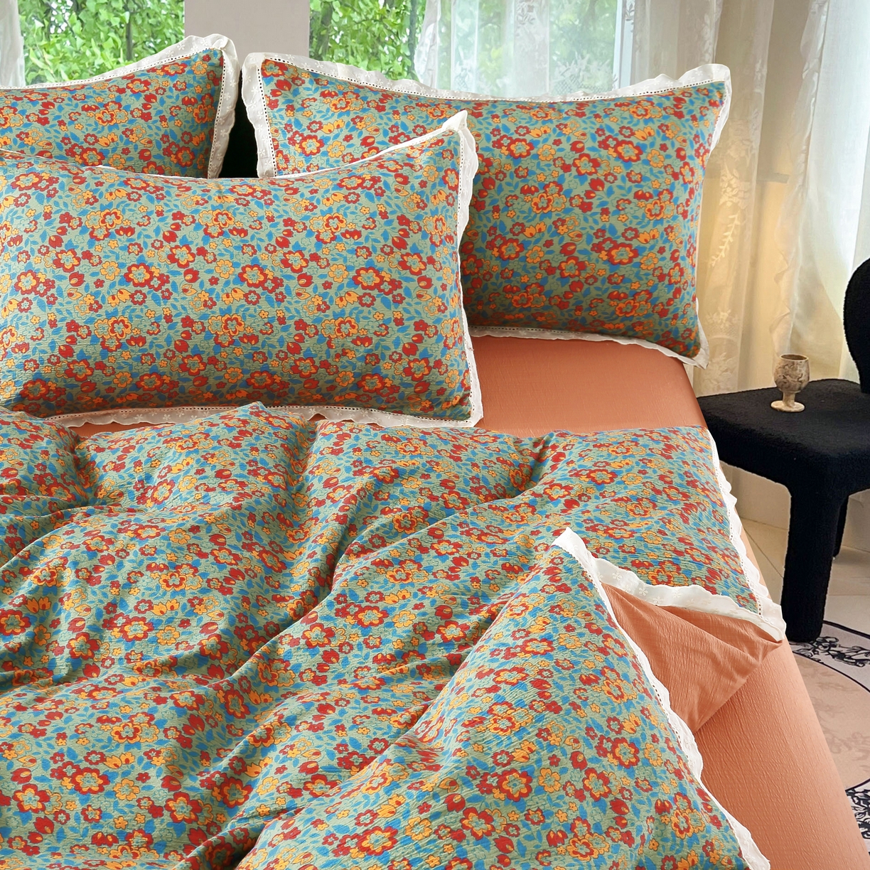 91家纺网 家纺一手货源 找家纺 2025新款云感木棉皱皱双层纱全棉花边四件套 繁花