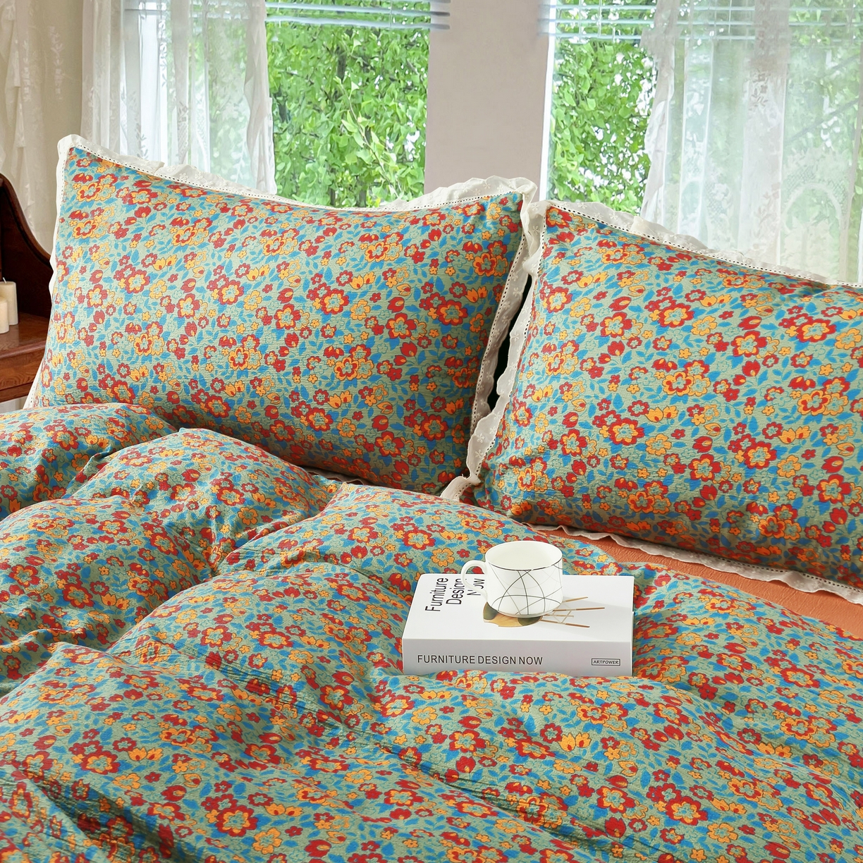 91家纺网 家纺一手货源 找家纺 2025新款云感木棉皱皱双层纱全棉花边四件套 繁花