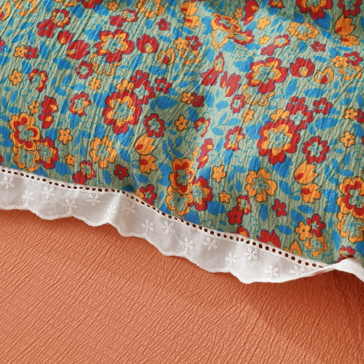 91家纺网 家纺一手货源 找家纺 2025新款云感木棉皱皱双层纱全棉花边四件套 繁花