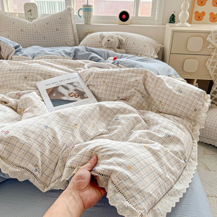 91家纺网 家纺一手货源 找家纺 （总）恋之语 2025新款云感木棉皱皱双层纱全棉花边四件套单被套