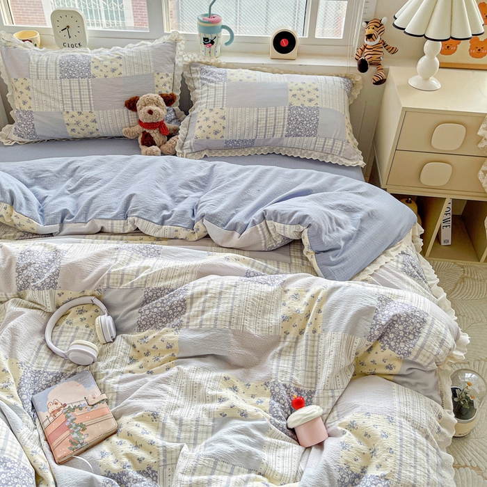 91家纺网 家纺一手货源 找家纺 恋之语 2025新款云感木棉皱皱双层纱全棉花边四件套单被套 百福蓝