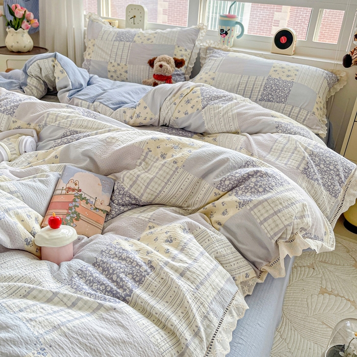 91家纺网 家纺一手货源 找家纺 恋之语 2025新款云感木棉皱皱双层纱全棉花边四件套单被套 百福蓝