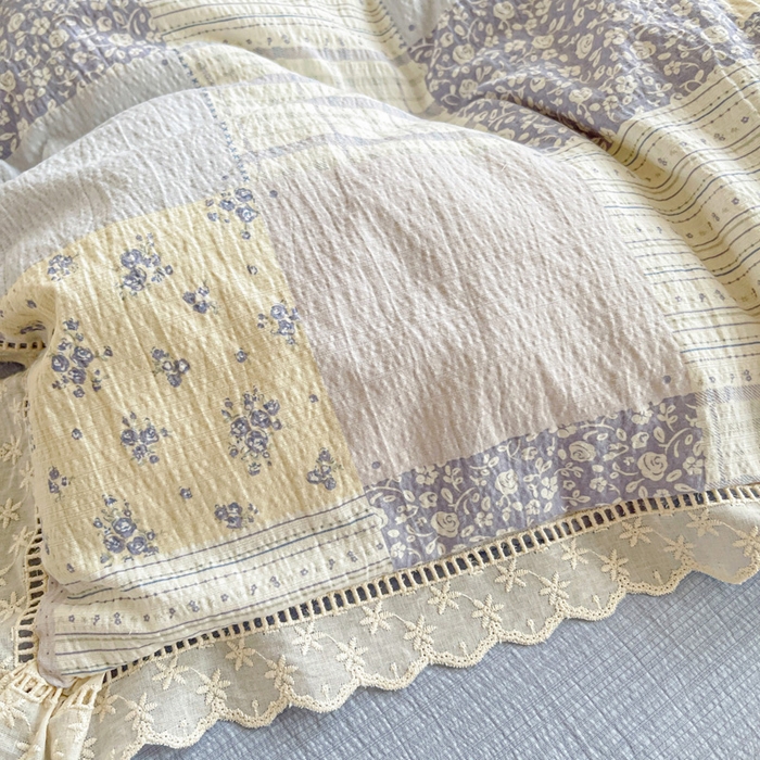 91家纺网 家纺一手货源 找家纺 恋之语 2025新款云感木棉皱皱双层纱全棉花边四件套单被套 百福蓝