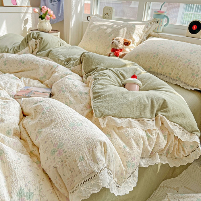 91家纺网 家纺一手货源 找家纺 恋之语 2025新款云感木棉皱皱双层纱全棉花边四件套单被套 薄荷微凉