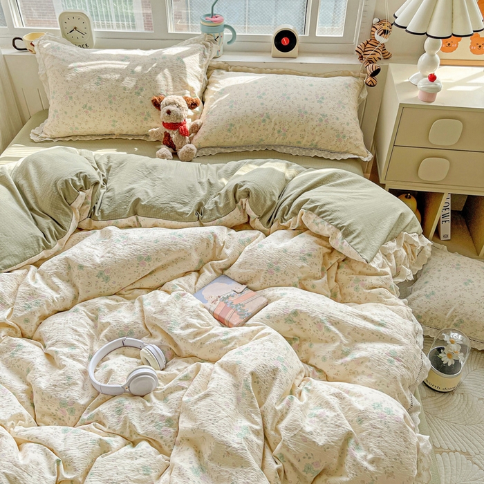 91家纺网 家纺一手货源 找家纺 恋之语 2025新款云感木棉皱皱双层纱全棉花边四件套单被套 薄荷微凉