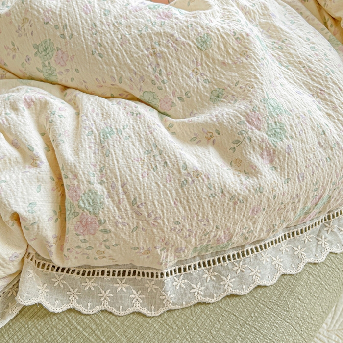 91家纺网 家纺一手货源 找家纺 恋之语 2025新款云感木棉皱皱双层纱全棉花边四件套单被套 薄荷微凉