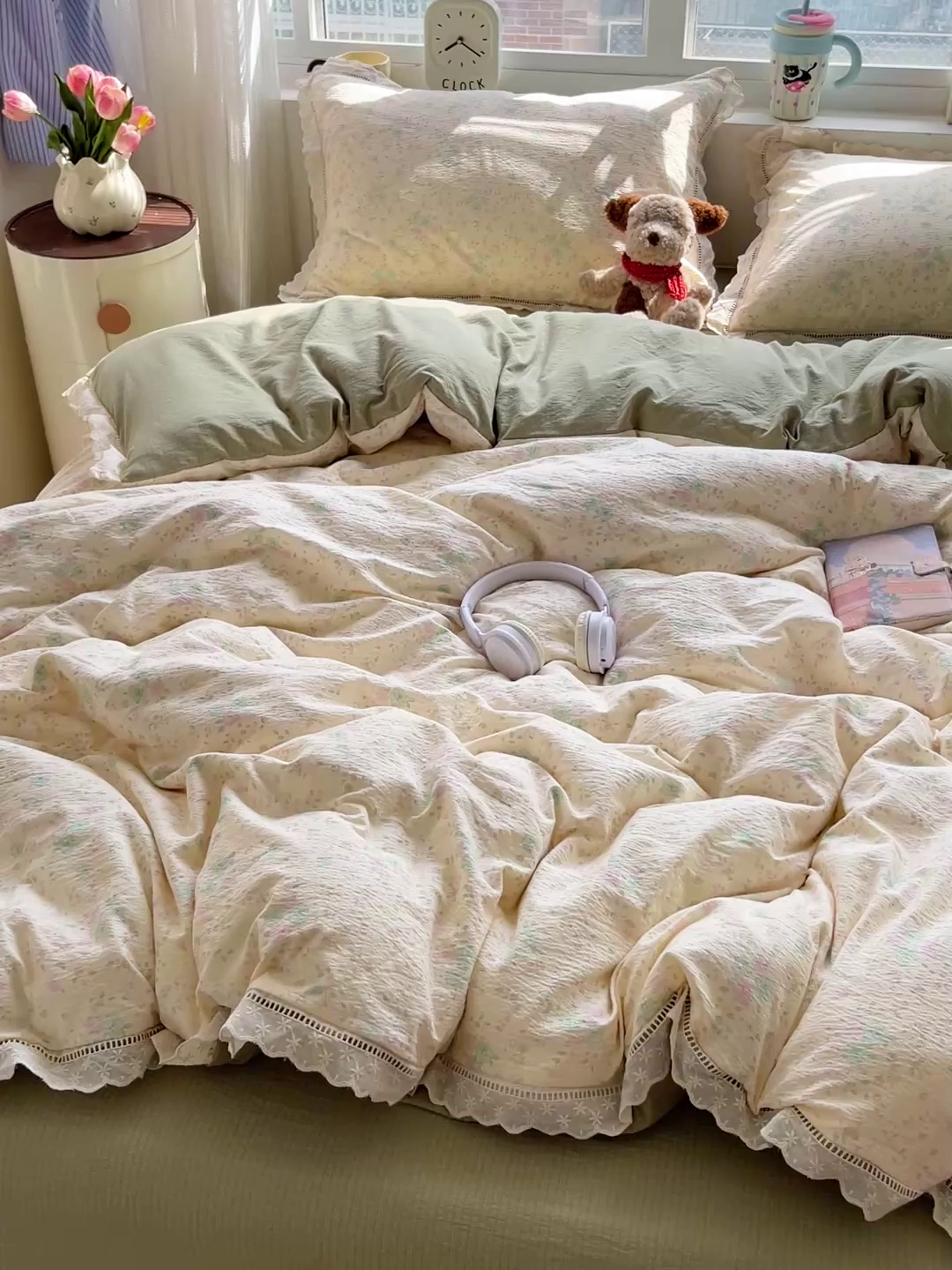 91家纺网 家纺一手货源 找家纺 恋之语 2025新款云感木棉皱皱双层纱全棉花边四件套单被套 薄荷微凉