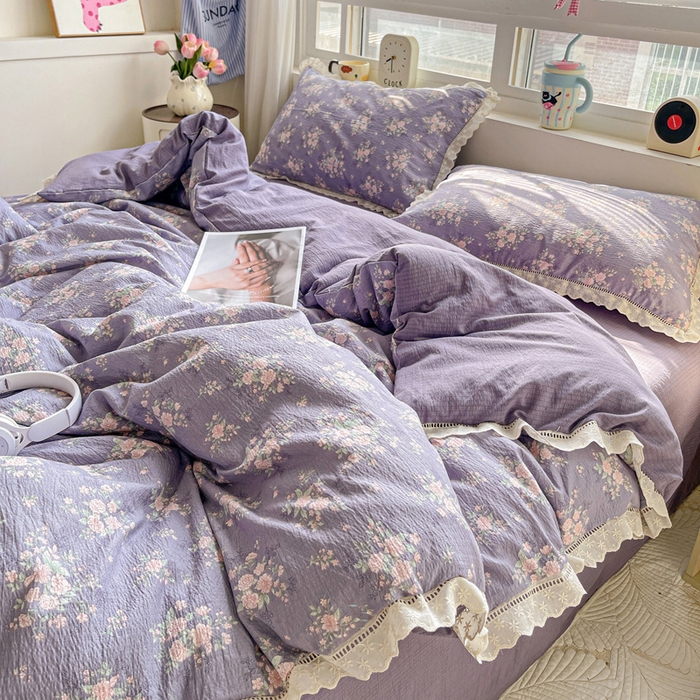 91家纺网 家纺一手货源 找家纺 恋之语 2025新款云感木棉皱皱双层纱全棉花边四件套单被套 豆蔻