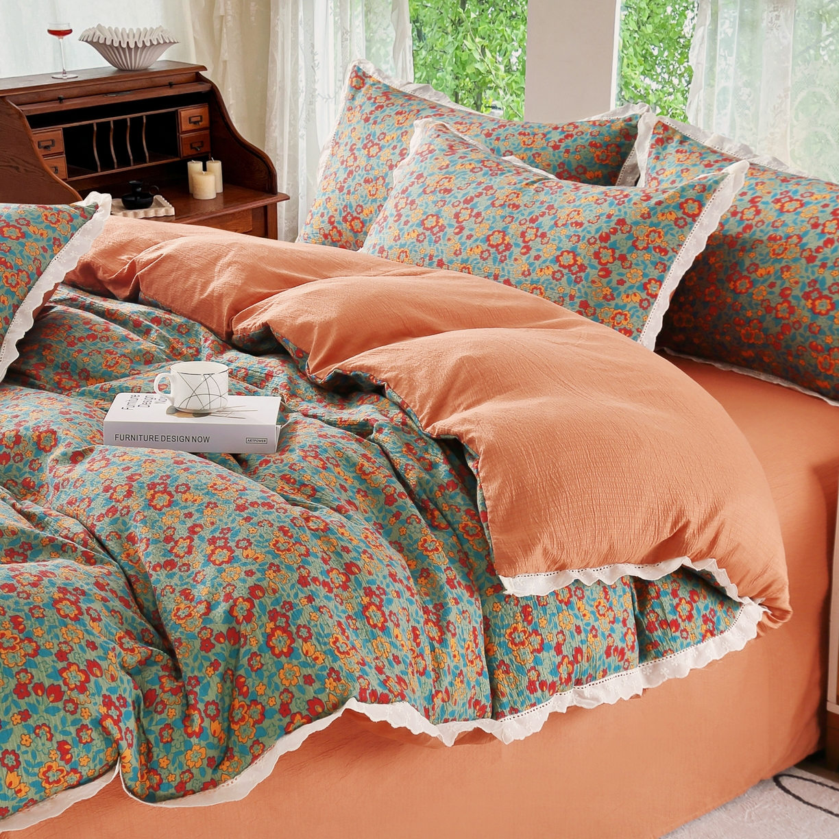 91家纺网 家纺一手货源 找家纺 恋之语 2025新款云感木棉皱皱双层纱全棉花边四件套单被套 繁花