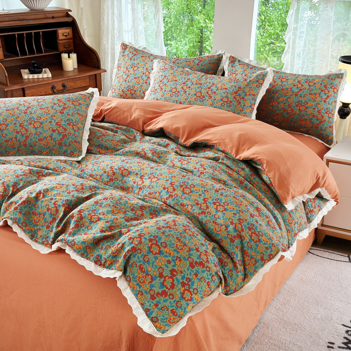 91家纺网 家纺一手货源 找家纺 恋之语 2025新款云感木棉皱皱双层纱全棉花边四件套单被套 繁花