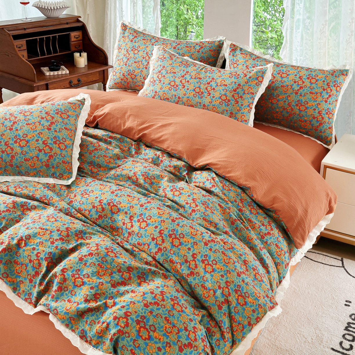 91家纺网 家纺一手货源 找家纺 恋之语 2025新款云感木棉皱皱双层纱全棉花边四件套单被套 繁花