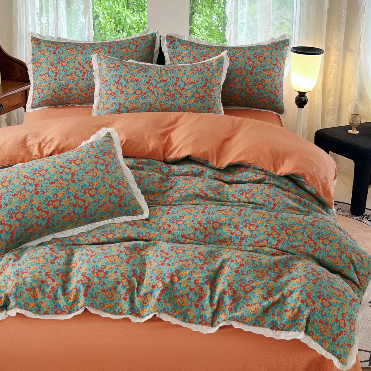 91家纺网 家纺一手货源 找家纺 恋之语 2025新款云感木棉皱皱双层纱全棉花边四件套单被套 繁花