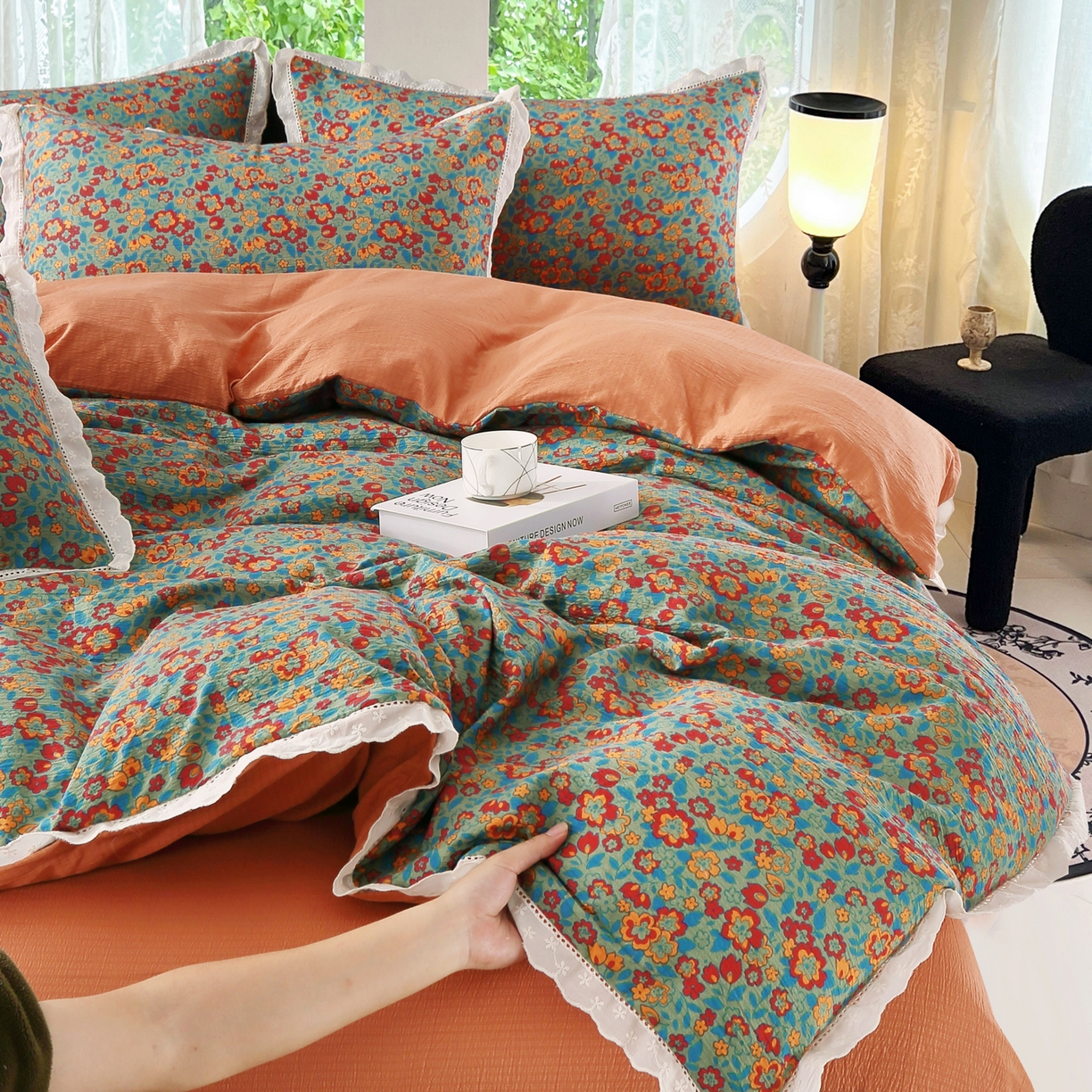 恋之语 2025新款云感木棉皱皱双层纱全棉花边四件套单被套 繁花