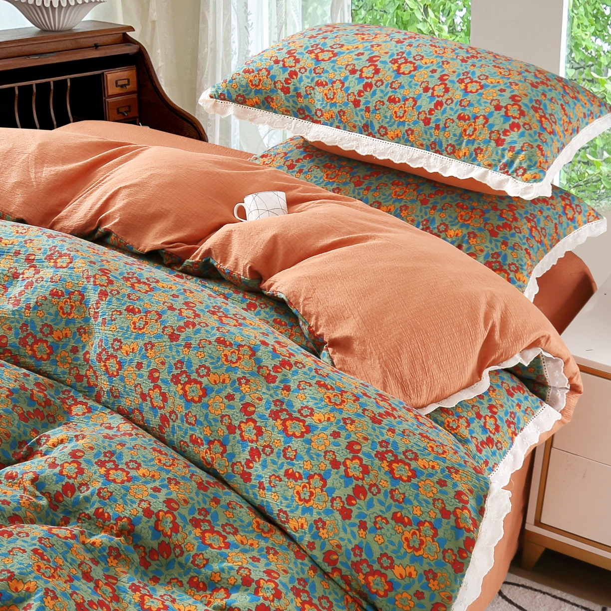 91家纺网 家纺一手货源 找家纺 恋之语 2025新款云感木棉皱皱双层纱全棉花边四件套单被套 繁花