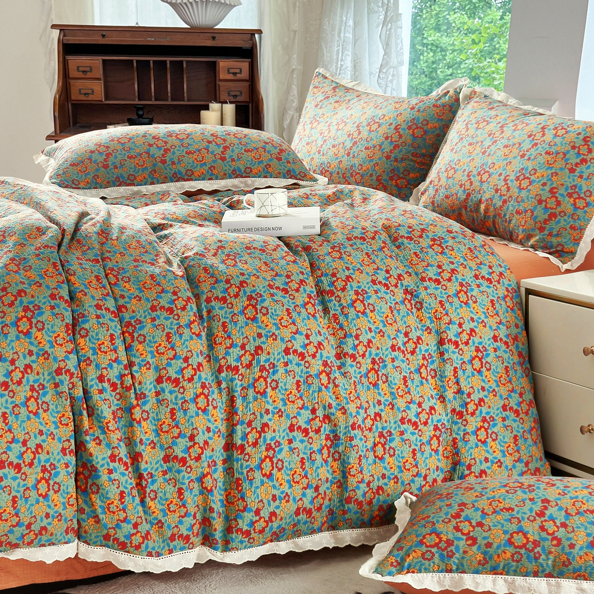 91家纺网 家纺一手货源 找家纺 恋之语 2025新款云感木棉皱皱双层纱全棉花边四件套单被套 繁花