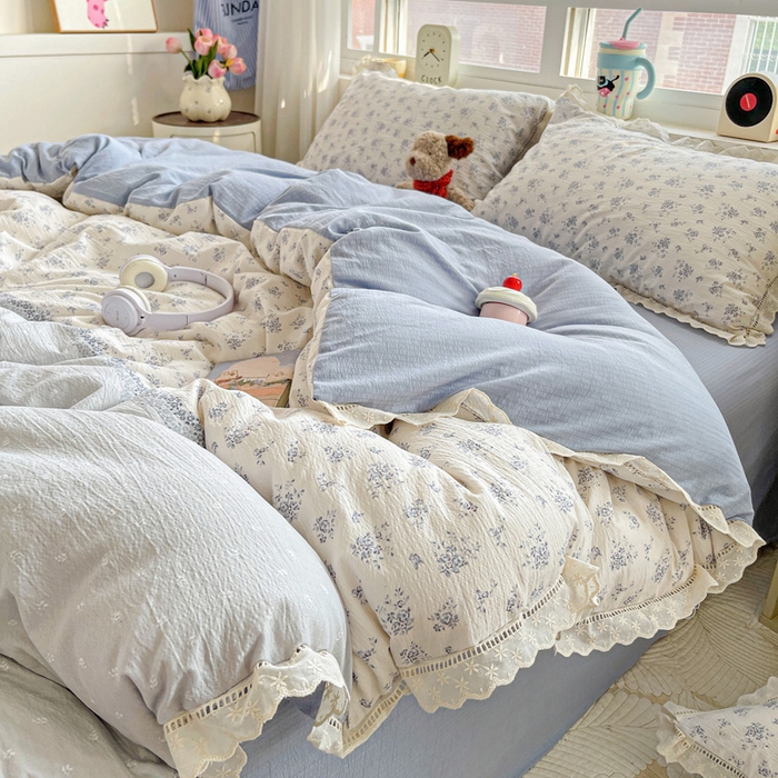 91家纺网 家纺一手货源 找家纺 恋之语 2025新款云感木棉皱皱双层纱全棉花边四件套单被套 兰黛