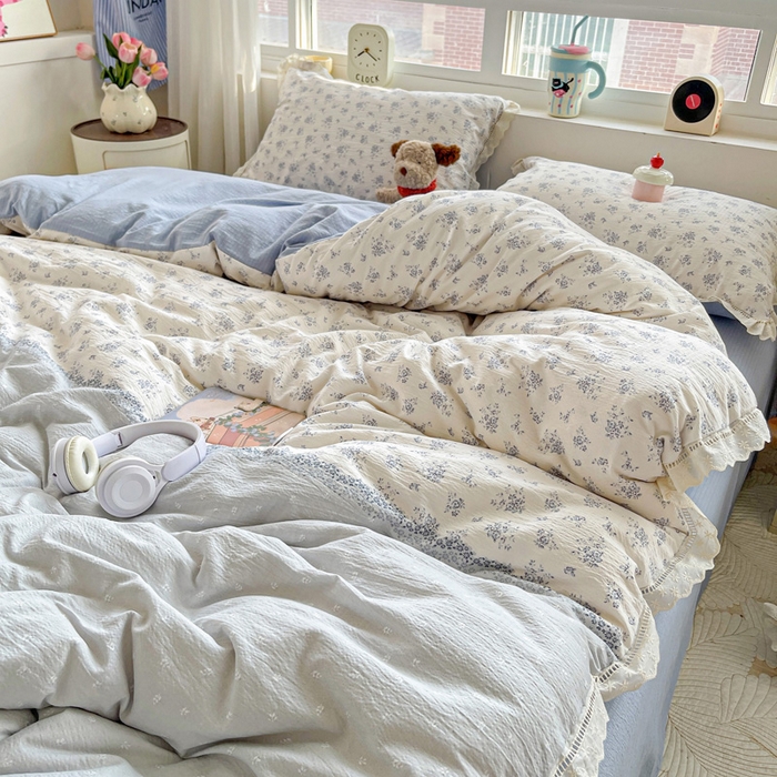 91家纺网 家纺一手货源 找家纺 恋之语 2025新款云感木棉皱皱双层纱全棉花边四件套单被套 兰黛