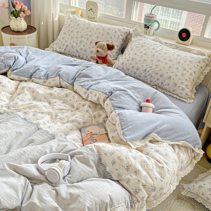 91家纺网 家纺一手货源 找家纺 恋之语 2025新款云感木棉皱皱双层纱全棉花边四件套单被套 兰黛