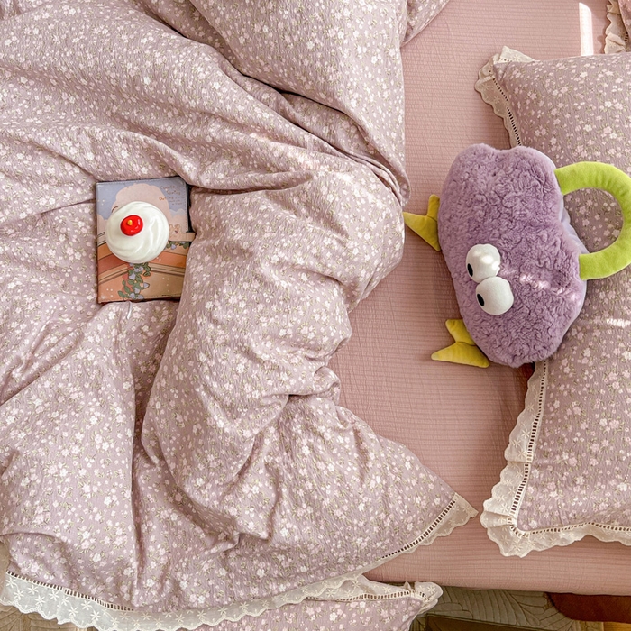 91家纺网 家纺一手货源 找家纺 恋之语 2025新款云感木棉皱皱双层纱全棉花边四件套单被套 山野栀子