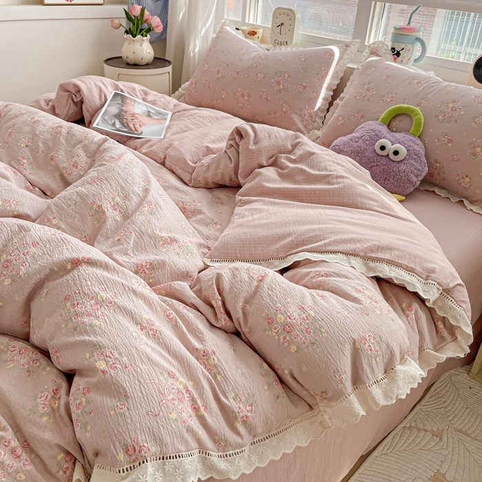 91家纺网 家纺一手货源 找家纺 恋之语 2025新款云感木棉皱皱双层纱全棉花边四件套单被套 素颜