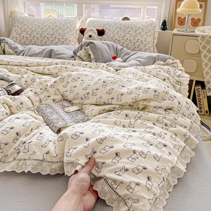 恋之语 2025新款云感木棉皱皱双层纱全棉花边四件套单被套 小黑兔