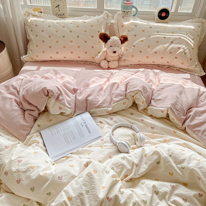 91家纺网 家纺一手货源 找家纺 恋之语 2025新款云感木棉皱皱双层纱全棉花边四件套单被套 心动